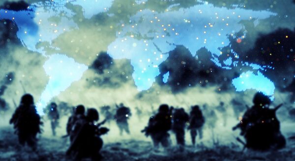 Group,of,army,in,battle,field,and,world,map,concept.