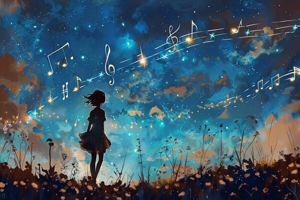 Girl field flowers with music no