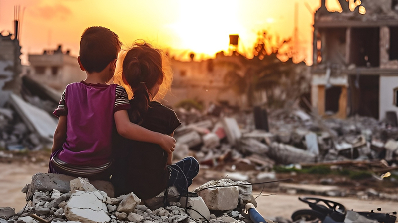 Two children sitting amidst rubb