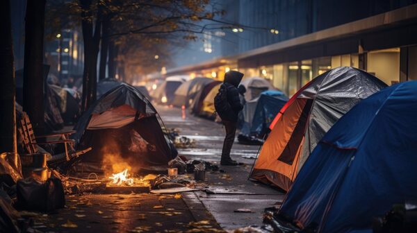 Tents set up outdoors on a city