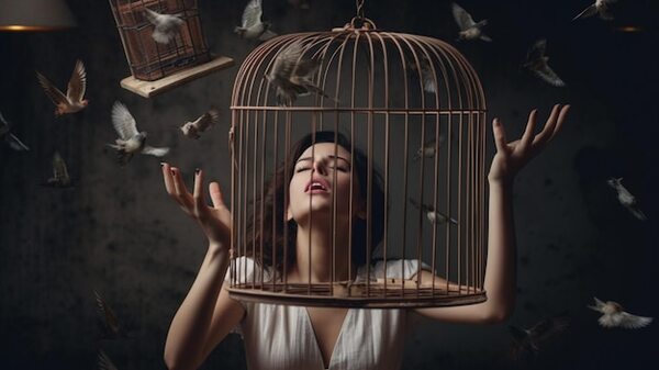 Femme tient cage oiseaux mot lib (1)