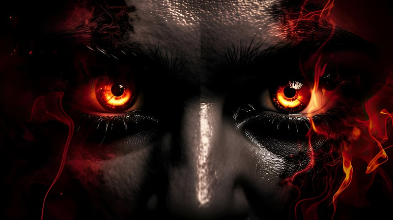 Man s eyes are glowing red word