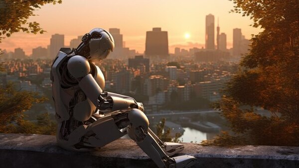 Robot looking out cityscape suns