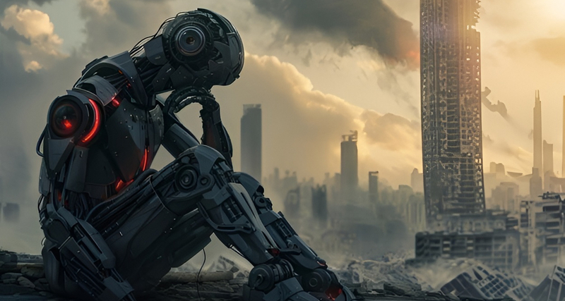 Sad cyborg sits with his head pr