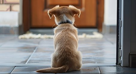 Loyal dog sits by front door pat