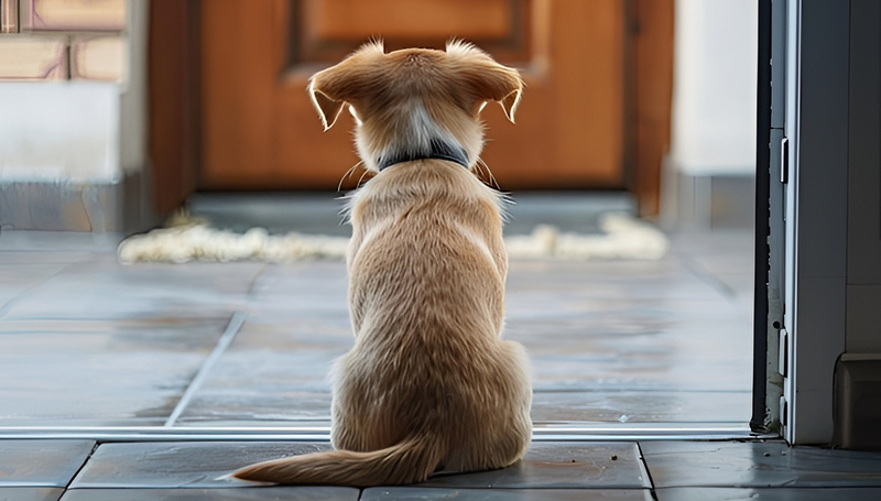 Loyal dog sits by front door pat