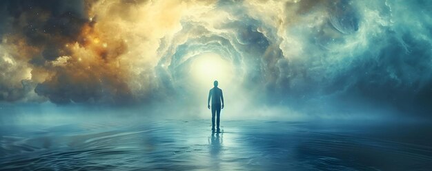 Viaggio dell uomo oltre il fisico ascendendo ai regni celesti in forma eterea concetto illuminazione spirituale proiezione astrale trascendendo i confini fisici regni celesti 918839 26954