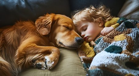 Young child golden retriever dog