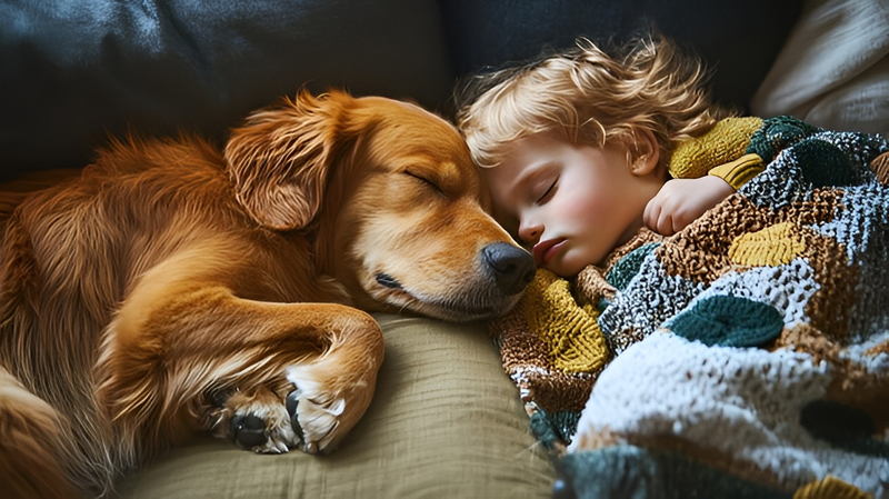 Young child golden retriever dog