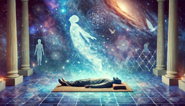 Dalle 2025 04 06 15 01 47 a surreal and symbolic digital painting of an astral projection experience a person is seen lying peacefully on a bed or mat while a translucent ver 600x343